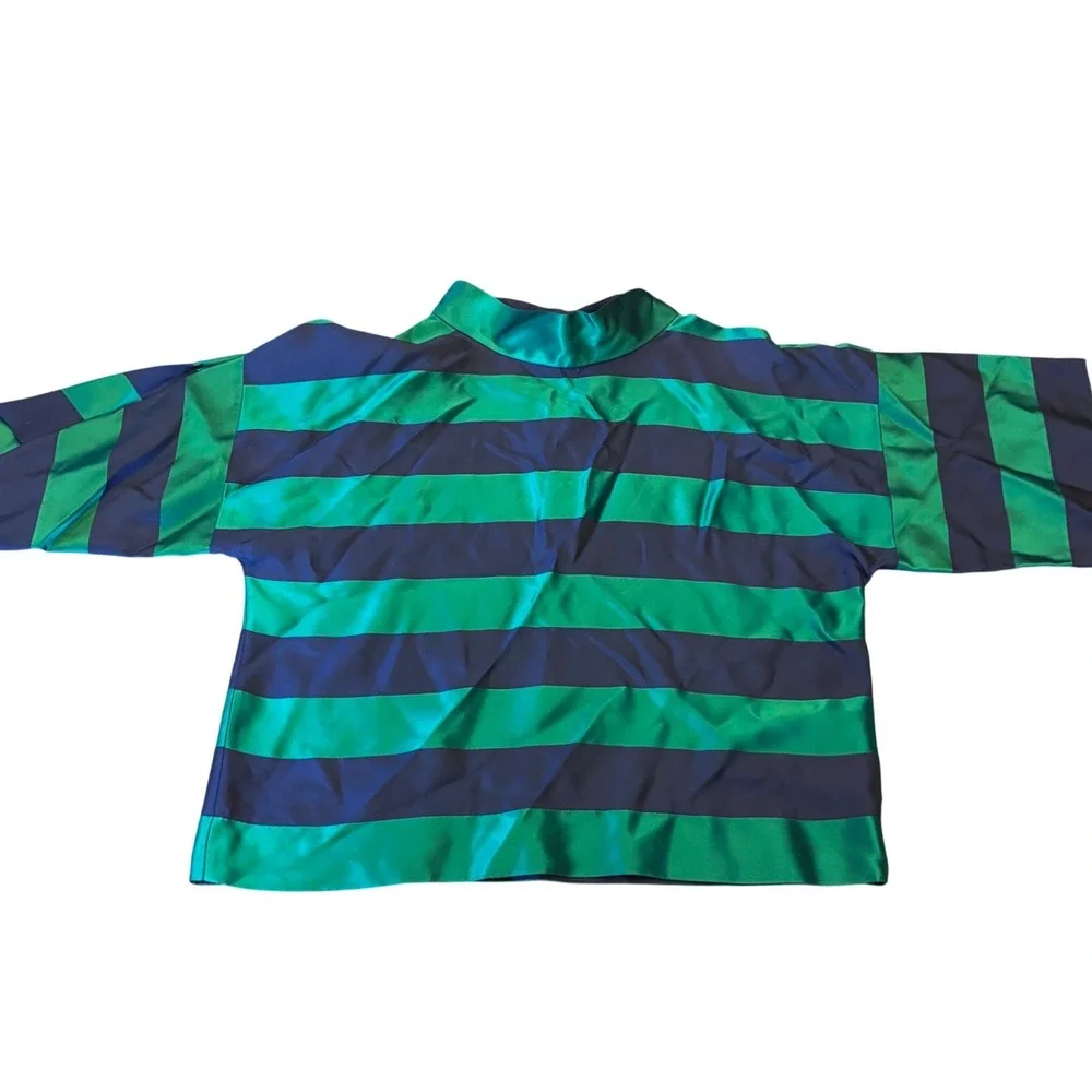 Agnes B Paris | Size 2 | Green Navy Blue Striped | Mock Neck Blouse Boxy Top - Picture 3 of 11